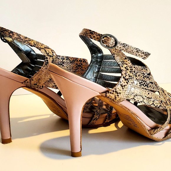 SNAKE SKIN / Reptile Print  Heels Woven Slingback Sandals Blush Pink & Black - Picture 4 of 5
